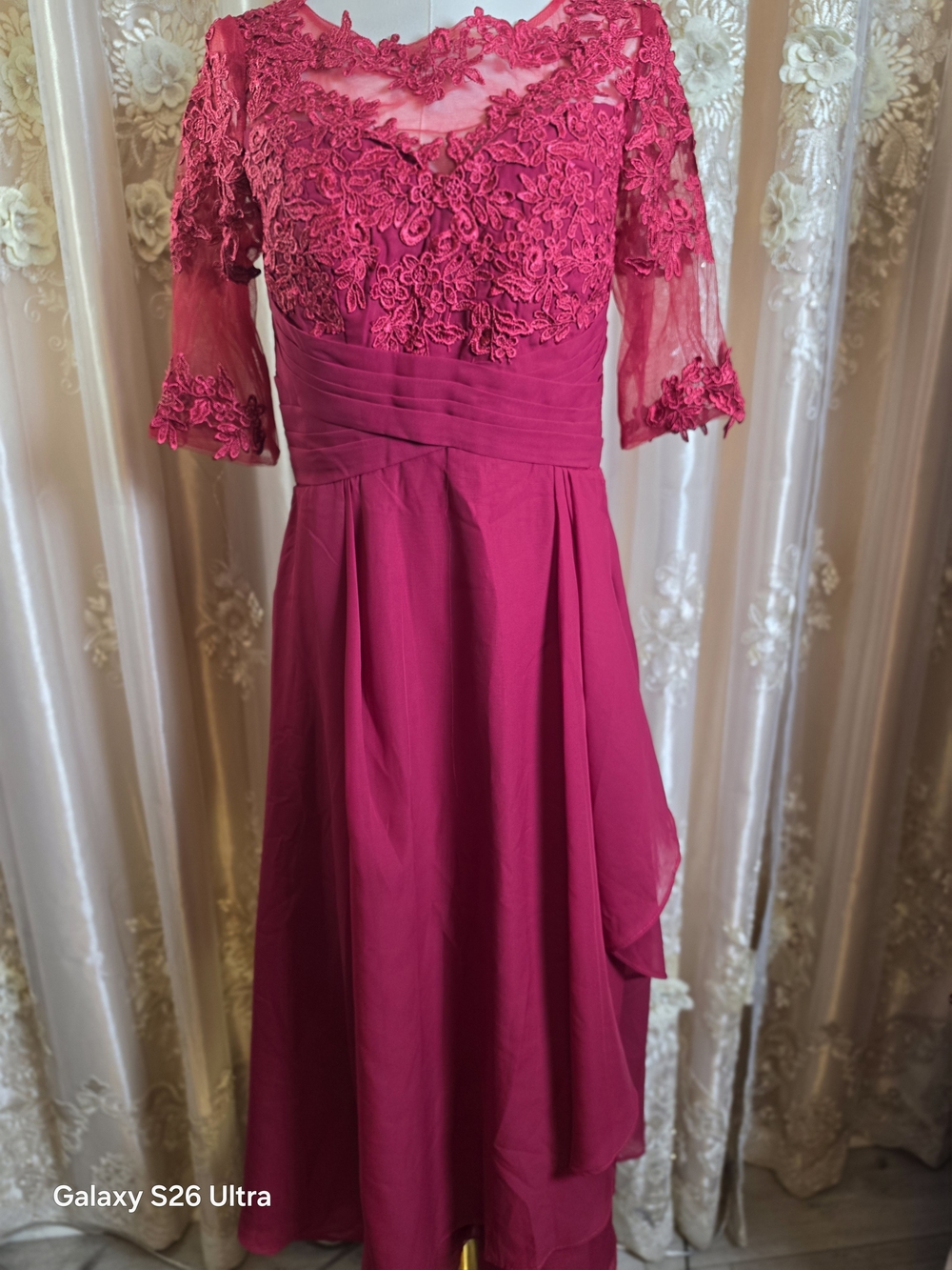 Othr Fuchsia Lace Bodice Midi Dress with Sheer Long Sleeves